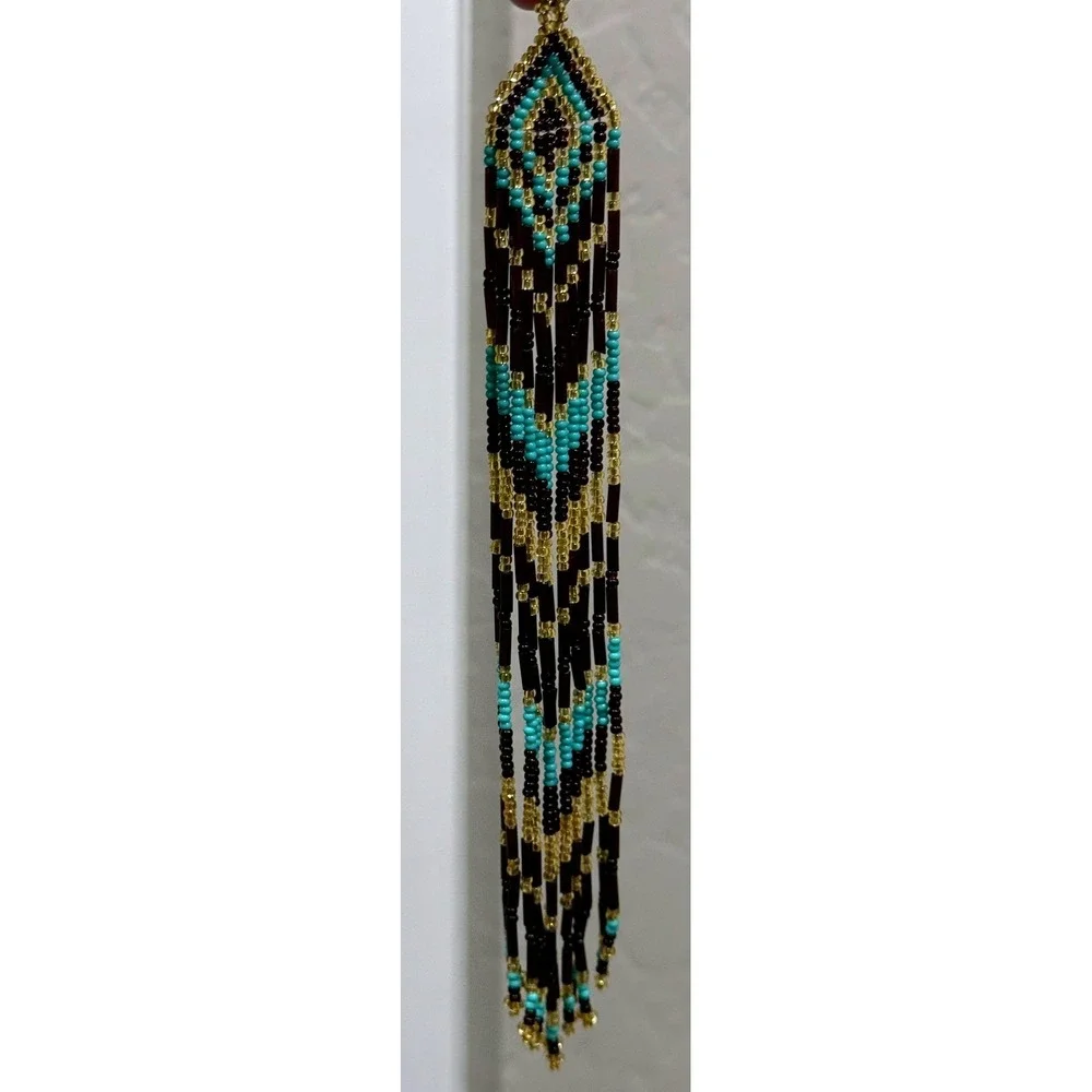 Handmade Seed Bead Fringe Earrings Turquoise Gold Dark Purple Chevron Boho 8.25